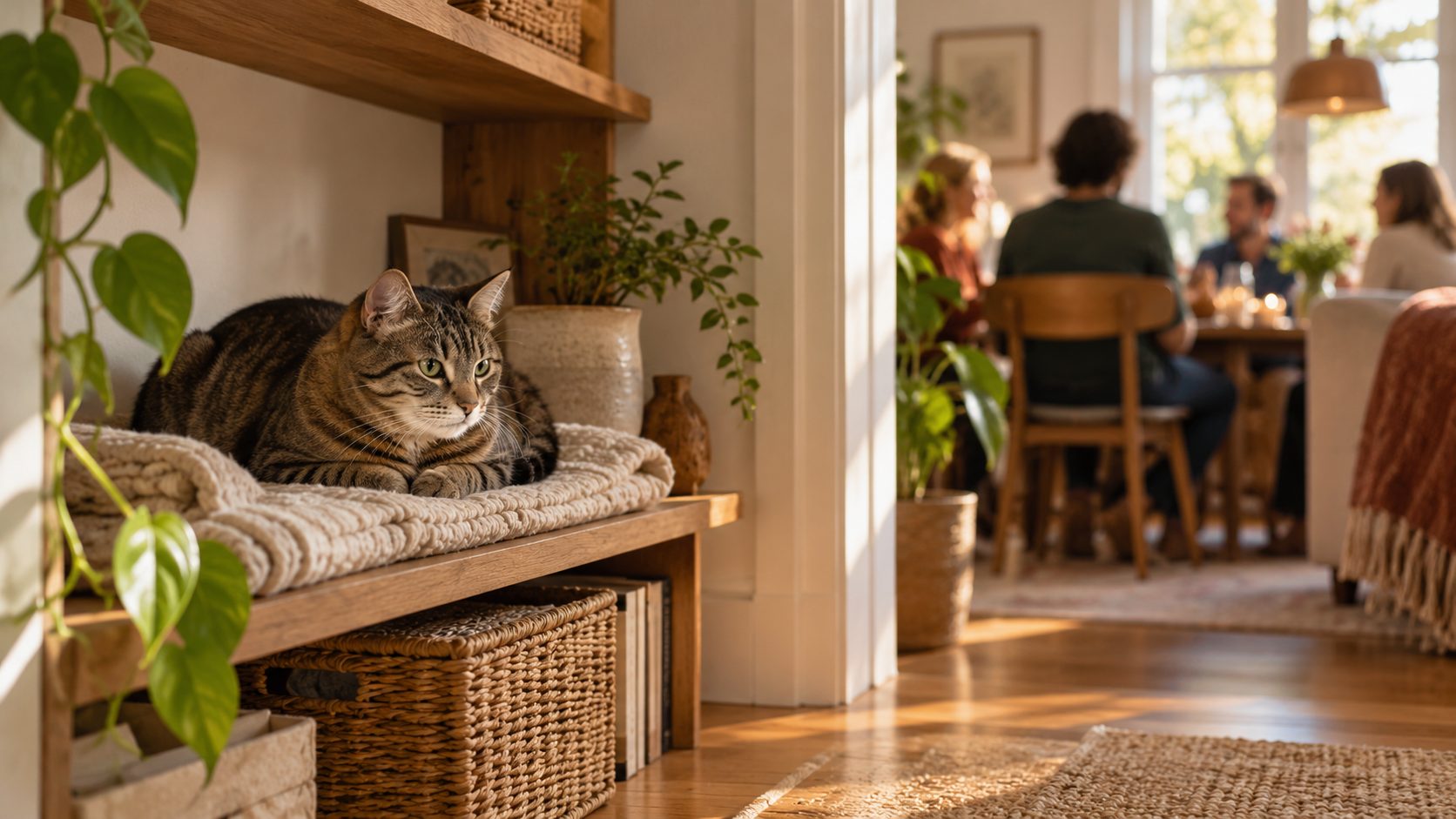 Katze nutzt einen ruhigen Liegeplatz abseits der Gäste
