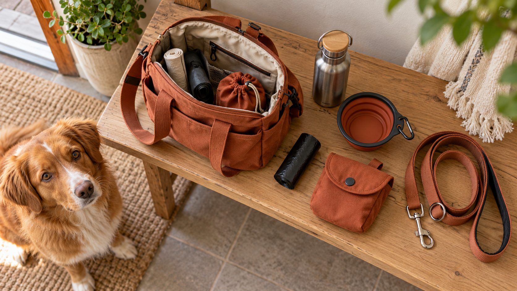 Spaziergangtasche mit Kotbeuteln, Wasserflasche, Napf und Leine