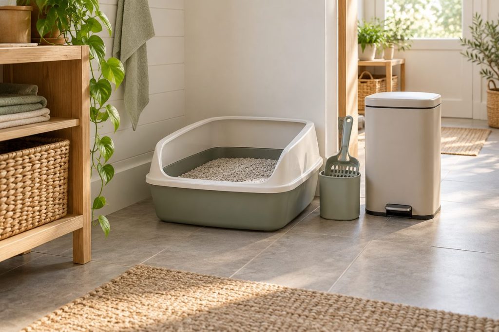 Offene Katzentoilette mit freiem Zugang und Reinigungszubehör