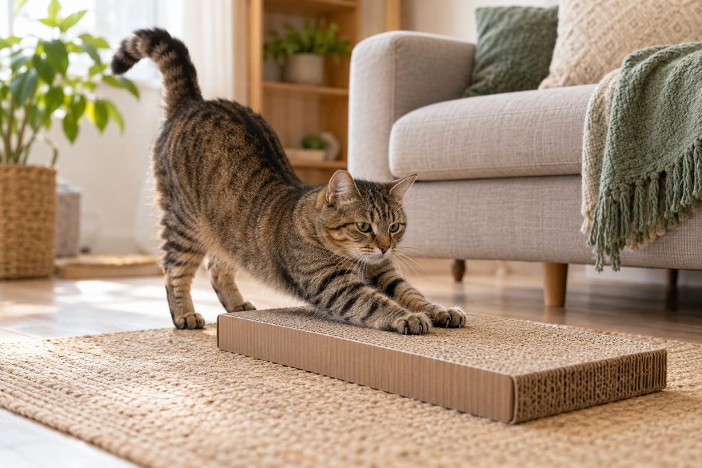 Katze streckt sich auf einem waagerechten Kratzbrett