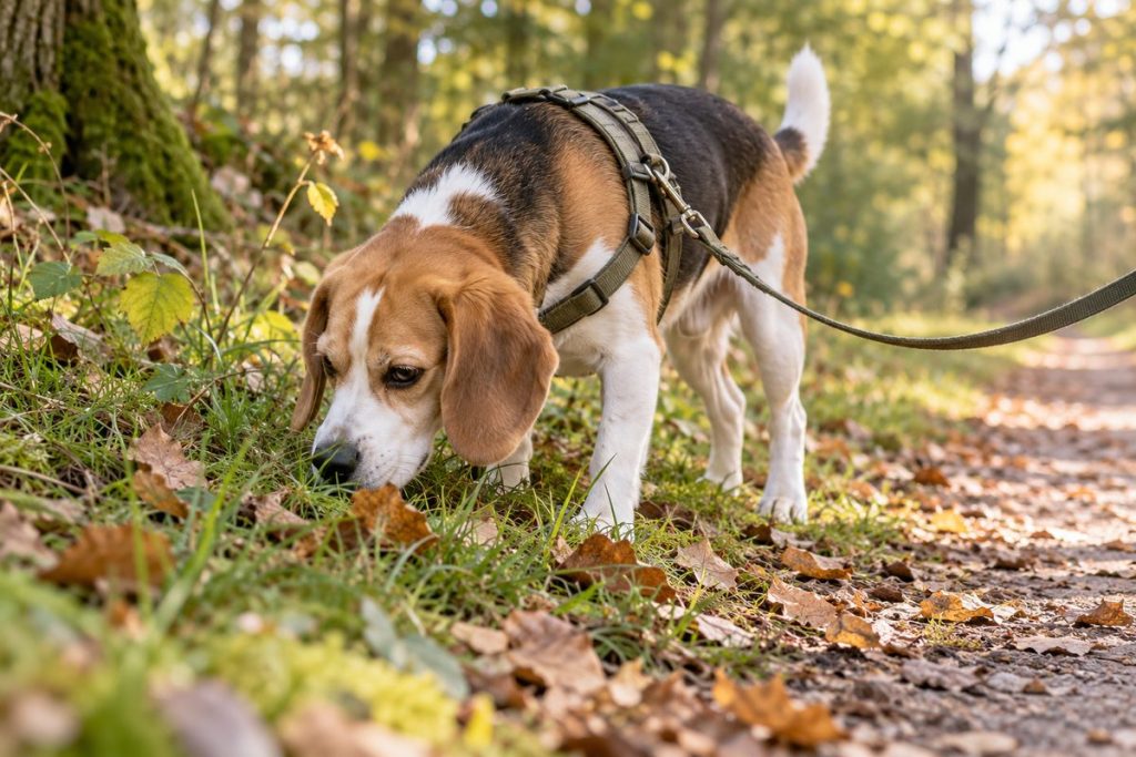 Hund erkundet Gras und Laub am Wegrand