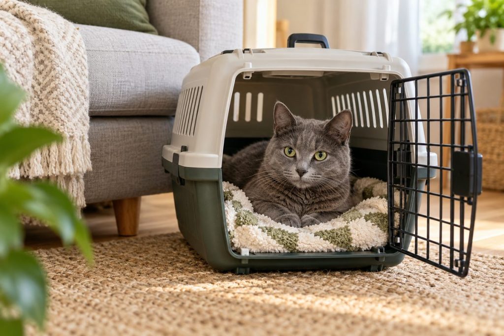 Katze ruht freiwillig in einer geöffneten Transportbox