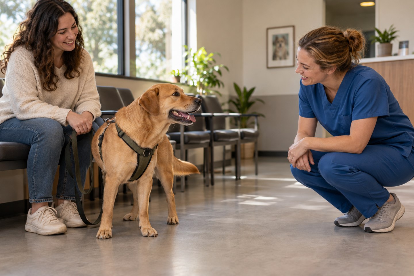 Entspannter Hund steht mit seiner Halterin in einer freundlichen Tierarztpraxis