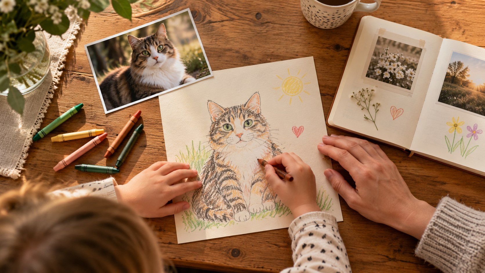 Ein Kind malt mit erwachsener Begleitung ein Erinnerungsbild einer Katze.
