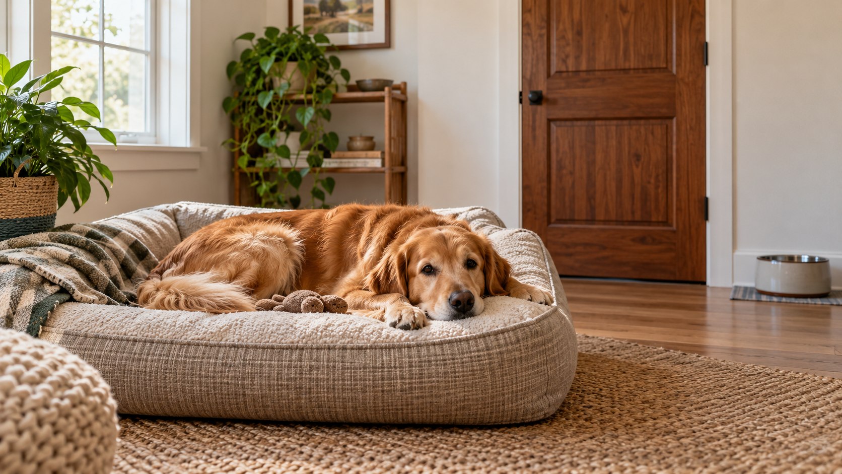 Hund ruht auf seinem Bett in einem separaten Zimmer.