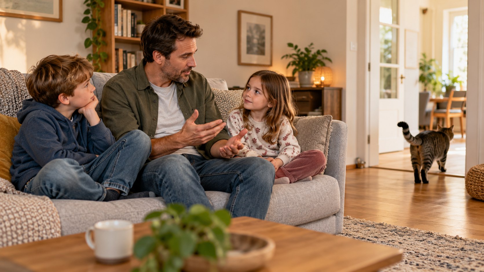 Vater spricht mit zwei Kindern, während die Katze ungehindert den Raum verlässt.