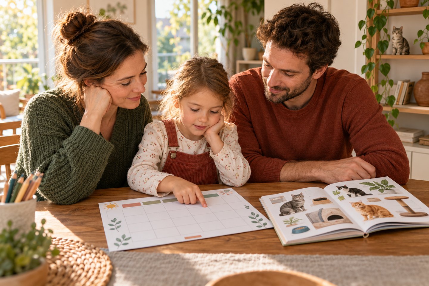 Zwei Eltern und ihr Kindergartenkind besprechen am Tisch einen Familienkalender und ein Tierbuch.