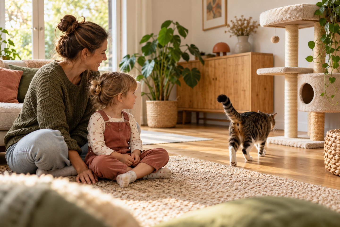 Ein Erwachsener und ein Kleinkind beobachten ruhig eine Katze, die auf freiem Weg zu ihrem Kratzbaum geht.