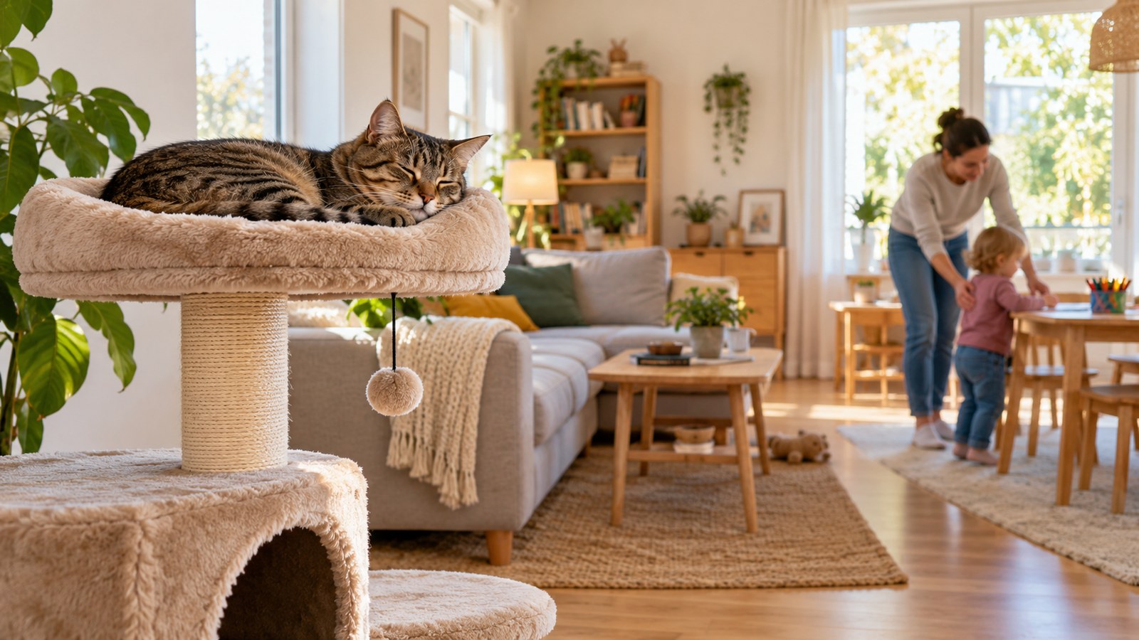 Eine Katze schläft auf einem erhöhten Kratzbaum, während ein Kind weiter entfernt beim Malen begleitet wird.