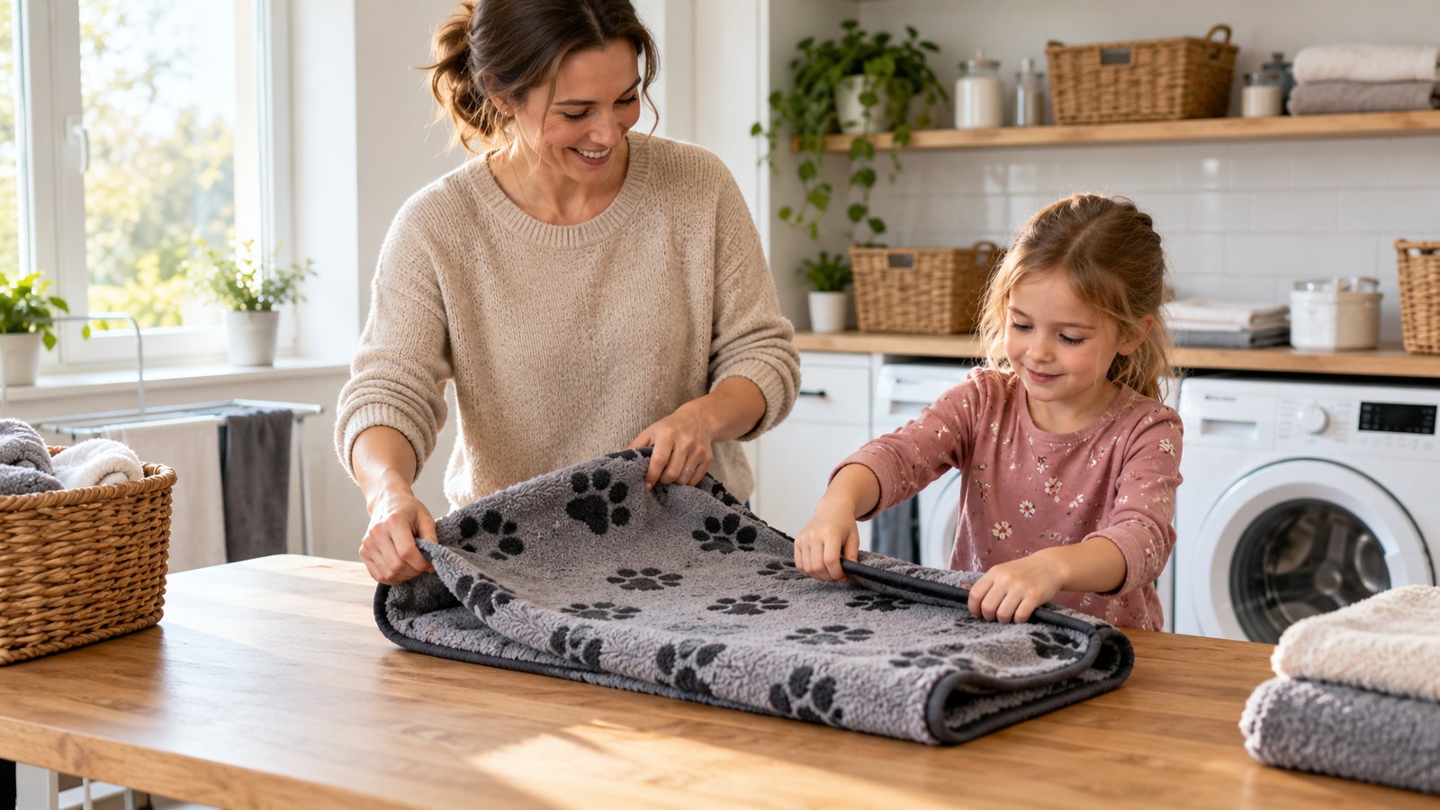 Eine Mutter und ihr Kindergartenkind falten gemeinsam eine saubere Hundedecke.