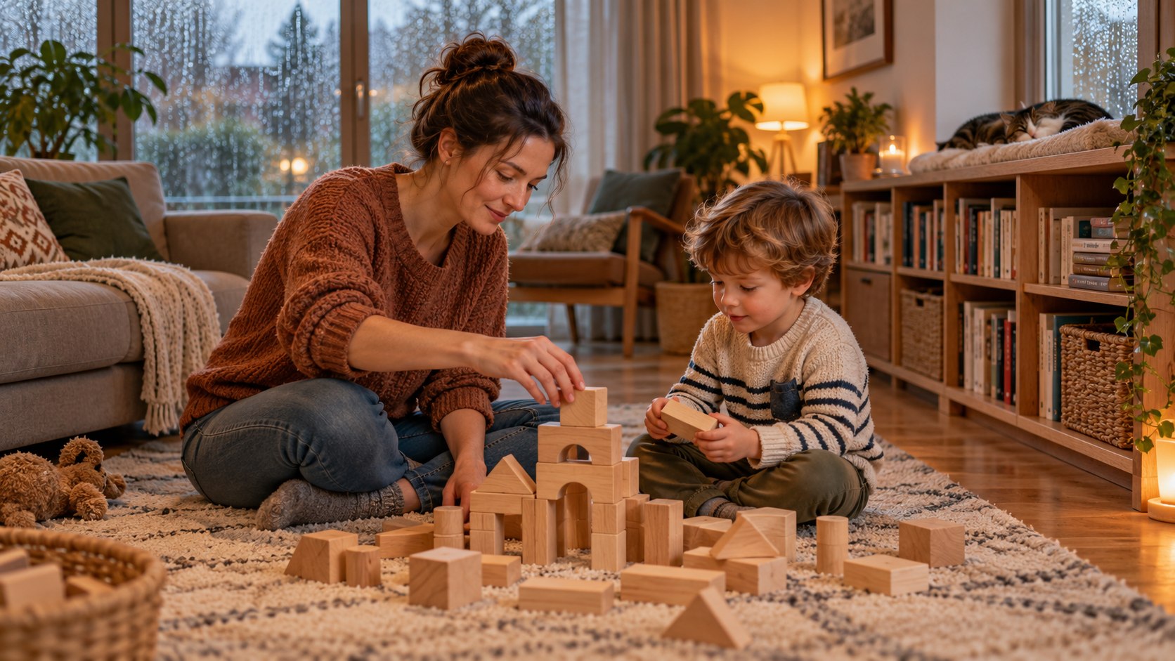 Mutter und Kind bauen mit Holzklötzen, während die Katze erhöht ruht.