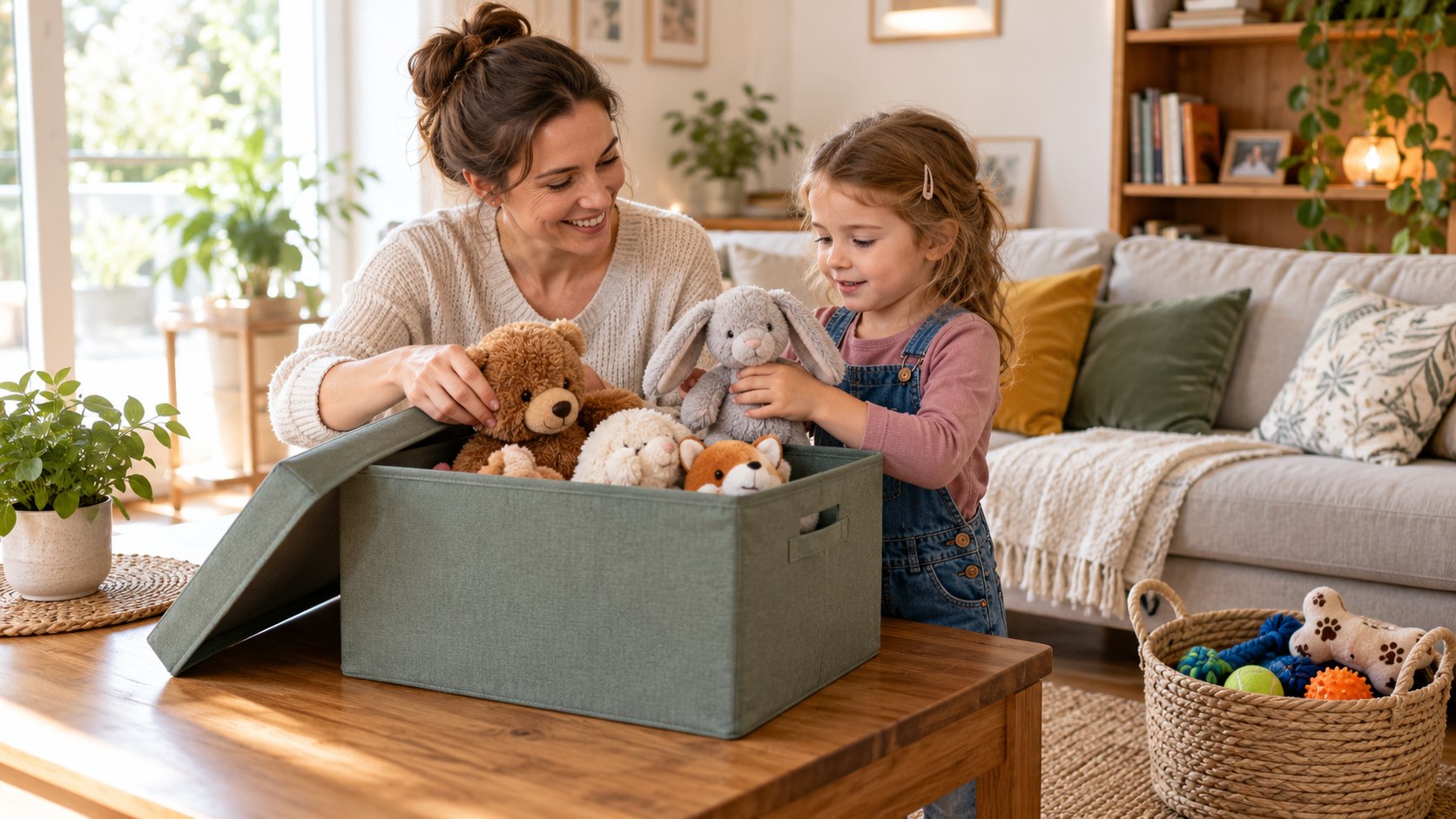 Mutter und Kind räumen Kuscheltiere in eine eigene Kiste.