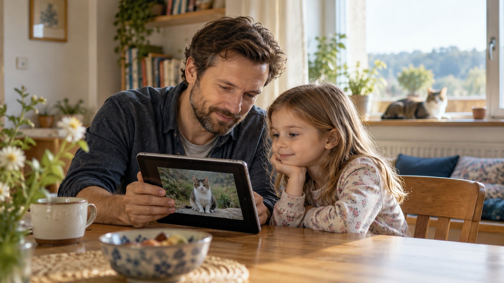 Vater und Kind betrachten ein Katzenbild auf einem Tablet.