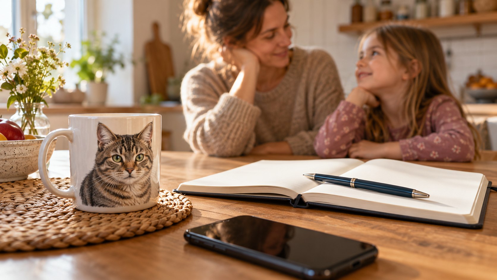 Notizbuch, Telefon und Katzenmotiv liegen auf dem Tisch; Mutter und Kind sprechen im Hintergrund.