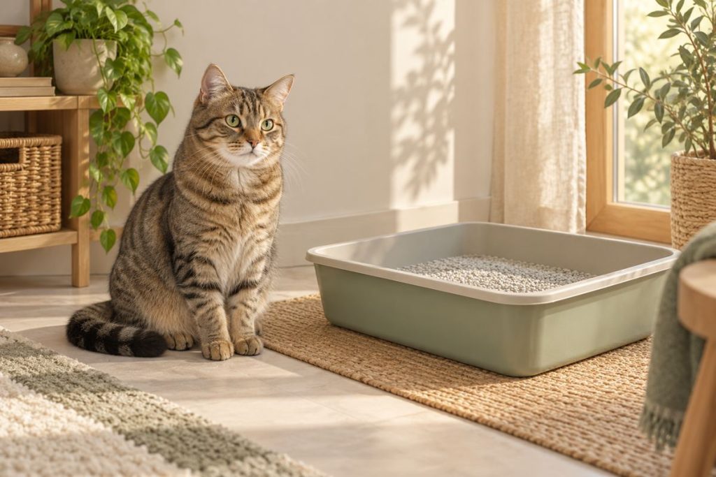 Getigerte Katze neben einer offenen Katzentoilette