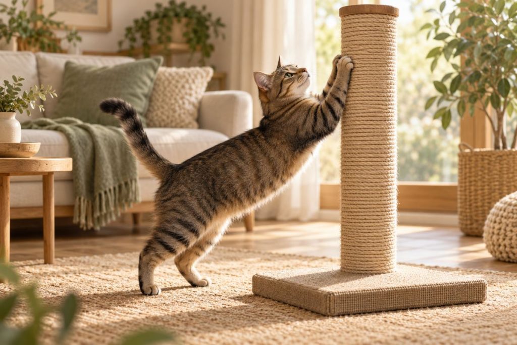 Katze streckt sich an einem stabilen Sisalkratzstamm