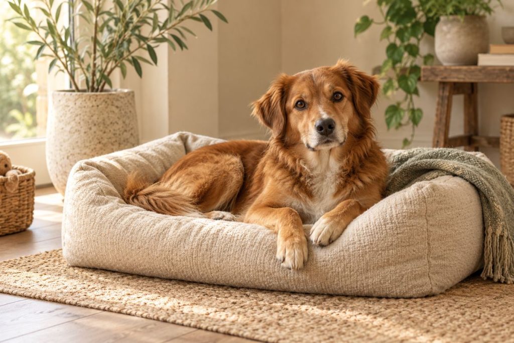 Brauner Hund ruht in einem weichen Hundebett