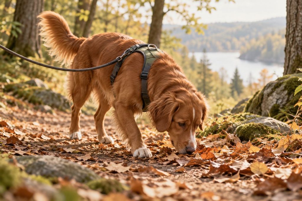 Hund mit Geschirr schnüffelt auf einem Waldweg