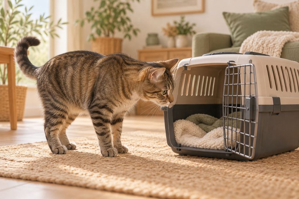 Katze erkundet freiwillig eine offene Transportbox