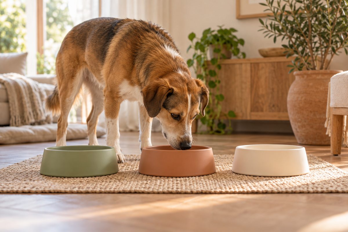Hund untersucht große Schalen auf einer Matte