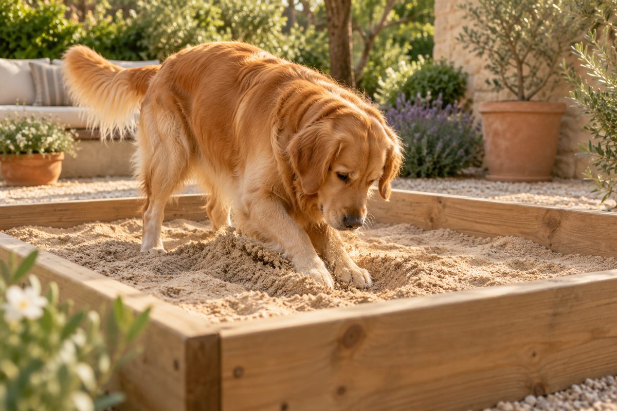 Hund gräbt in einer niedrigen Sandkiste im Garten