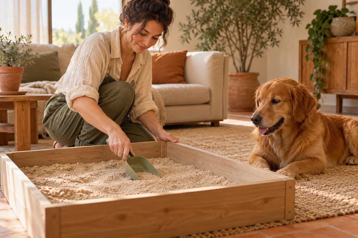 Ein Mensch bereitet eine saubere Buddelkiste für den Hund vor