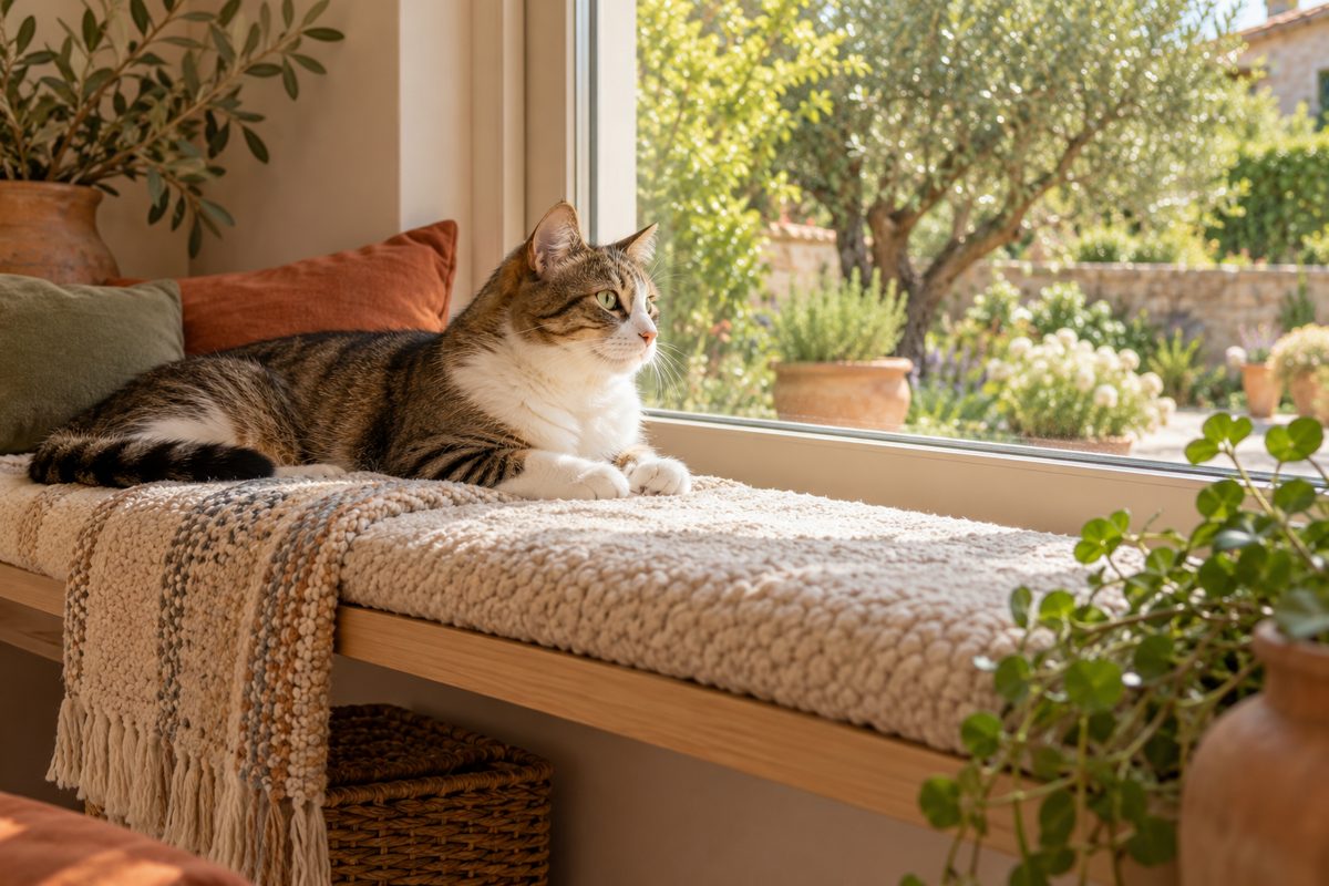 Katze ruht auf einem breiten Platz am geschlossenen Fenster