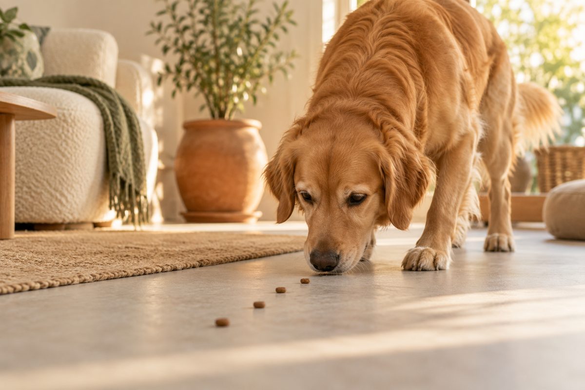 Hund folgt einer kurzen Futterspur auf rutschfestem Boden
