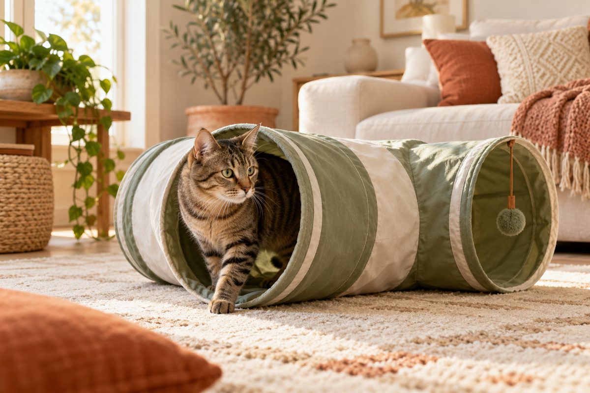 Katze erkundet einen breiten Stofftunnel