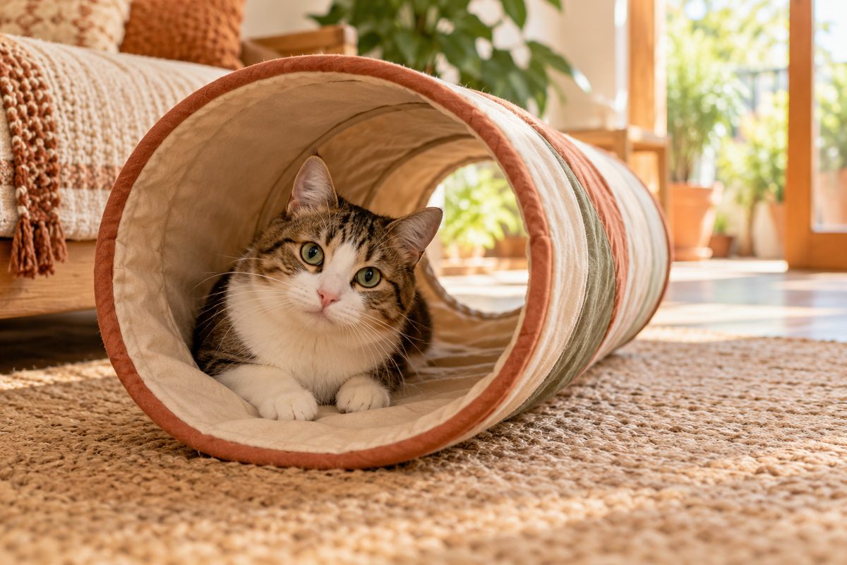 Katze schaut aus einem Tunnel mit freiem Ausgang