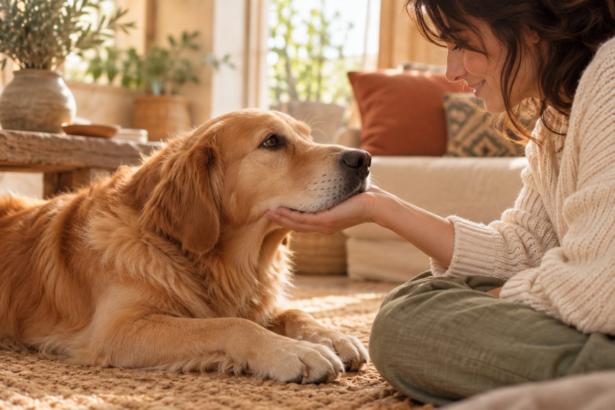 Hund legt sein Kinn freiwillig auf eine offene Hand