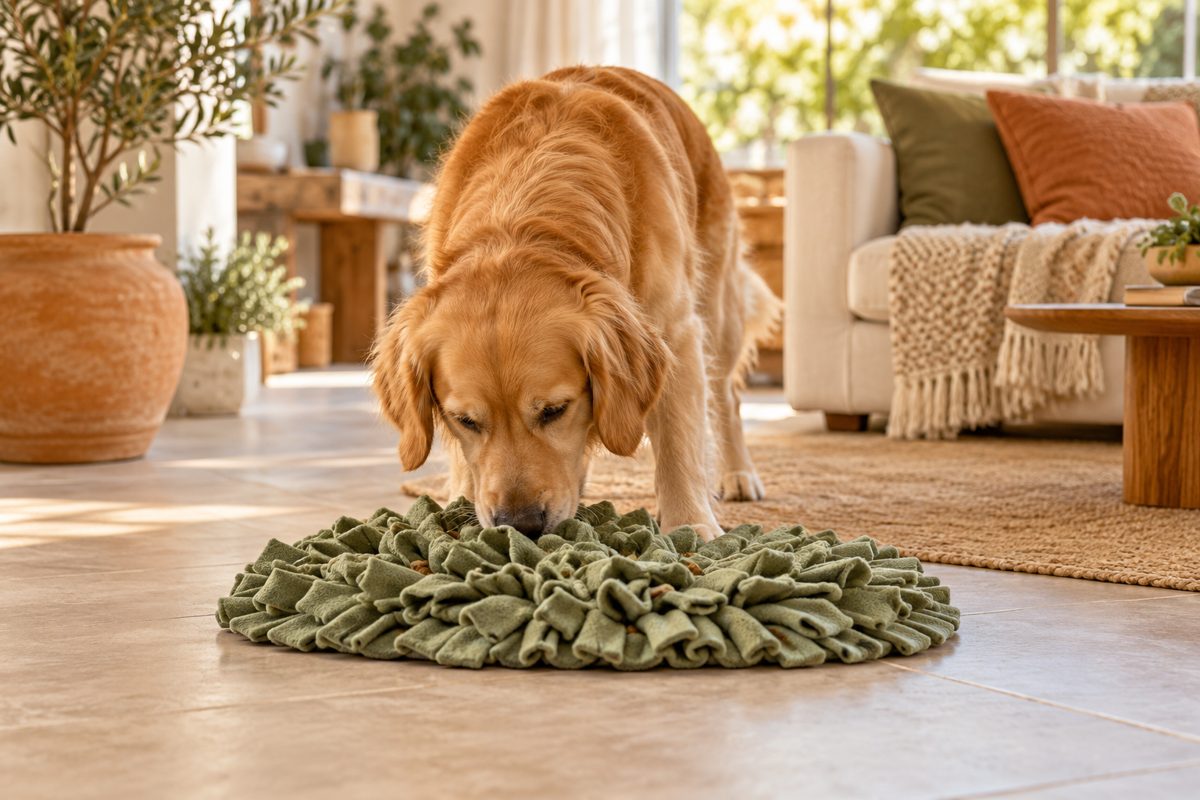 Hund schnüffelt an einem grünen Schnüffelteppich
