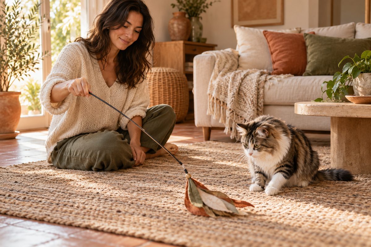 Katze beobachtet eine am Boden geführte Spielangel