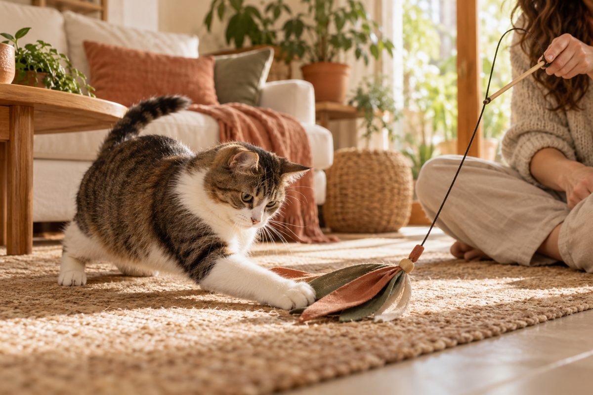 Katze fängt einen großen Stoffanhänger unter Aufsicht
