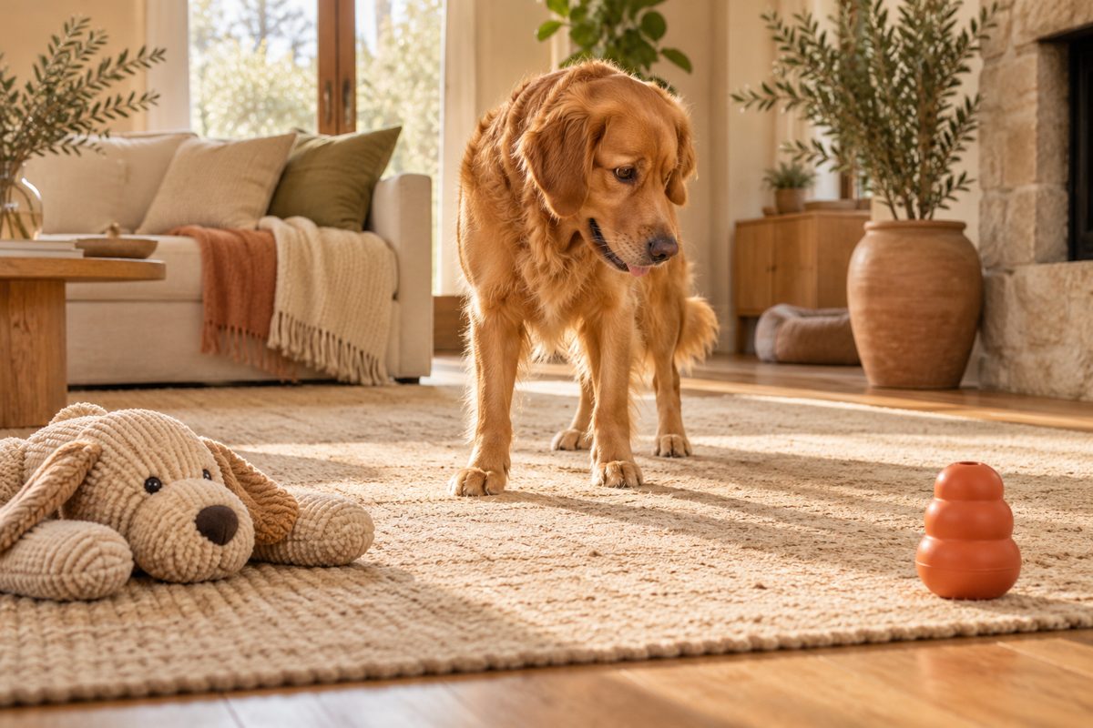 Hund wählt zwischen einem Stoffspielzeug und einem Gummispielzeug