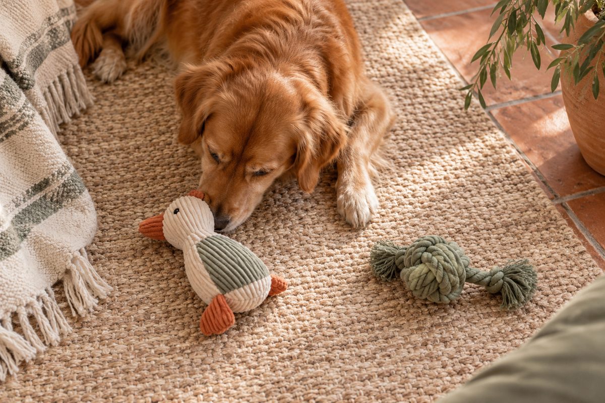 Zwei Hundespielzeuge liegen mit Abstand auf dem Boden