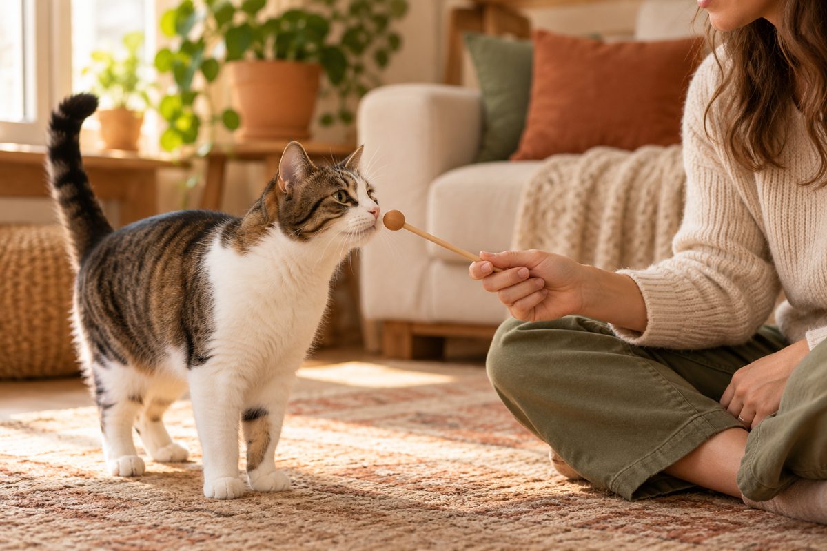 Katze berührt das runde Ende eines Targetstabs mit der Nase