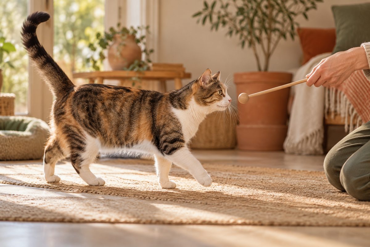 Katze folgt einem ruhig gehaltenen Targetstab einen Schritt