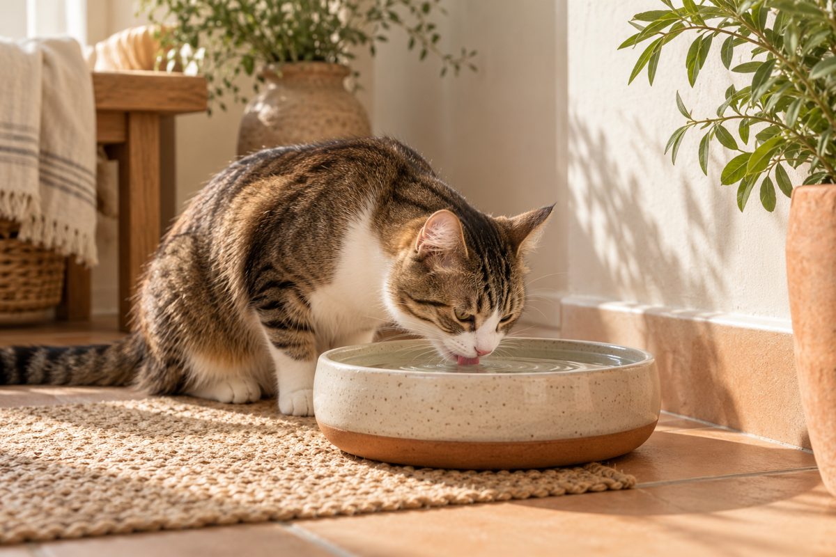 Katze trinkt aus einer breiten Keramikschale
