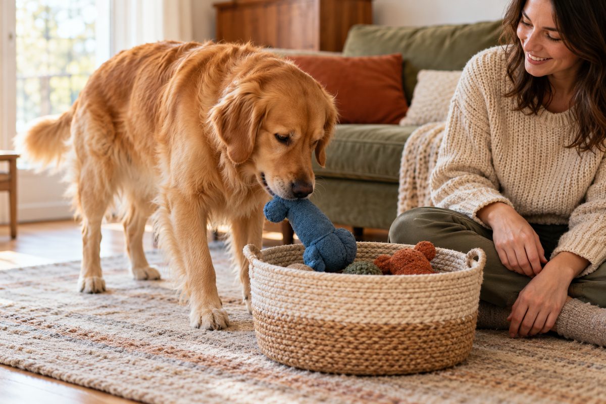 Hund legt ein blaues Stoffspielzeug in einen niedrigen Korb