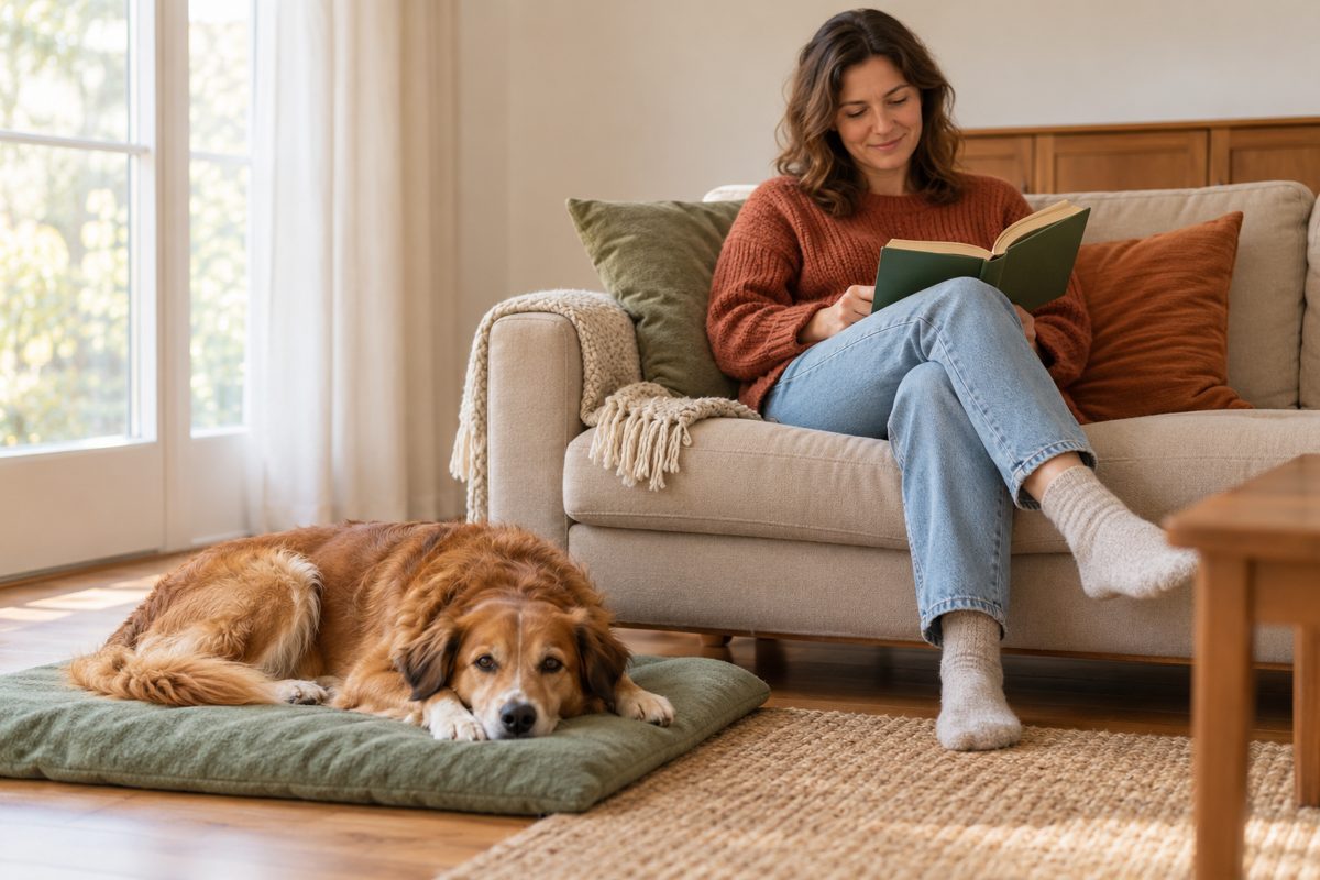 Hund ruht freiwillig auf einer Decke neben einer lesenden Person