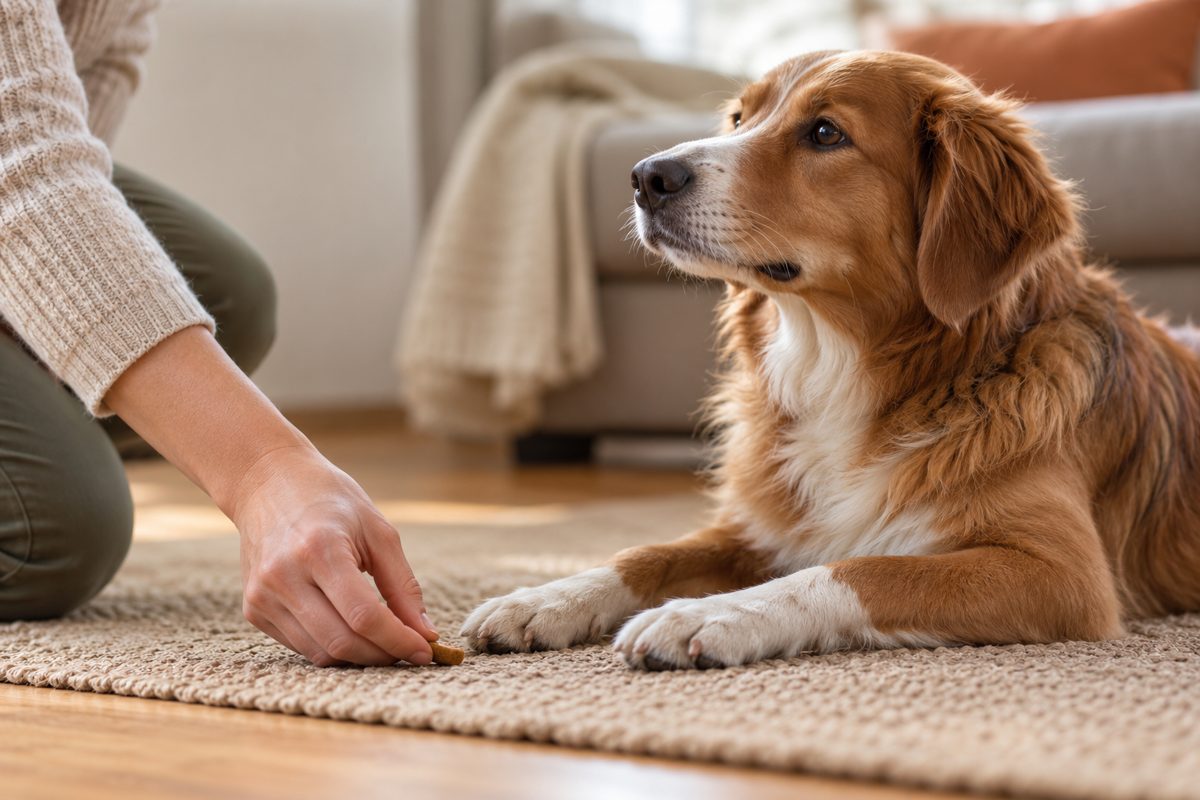 Eine kleine Belohnung wird ruhig auf die Decke vor dem Hund gelegt