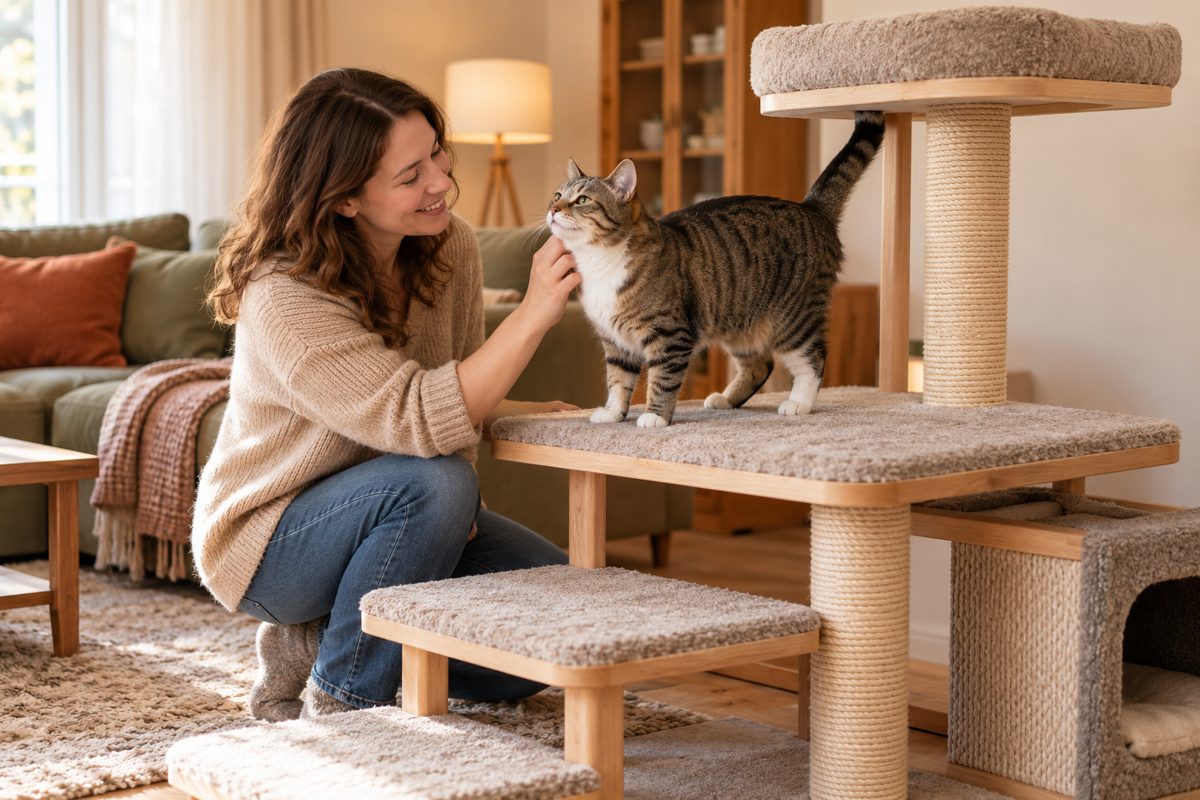 Katze nutzt eine breite niedrige Zwischenstufe vor einem erhöhten Liegeplatz