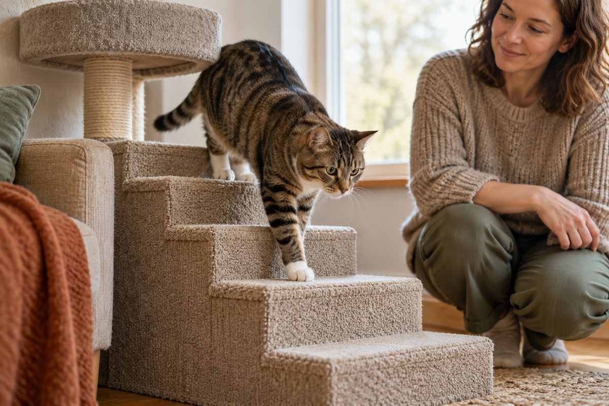 Stabile mit Teppich belegte Zwischenstufen ermöglichen einer Katze den Abstieg