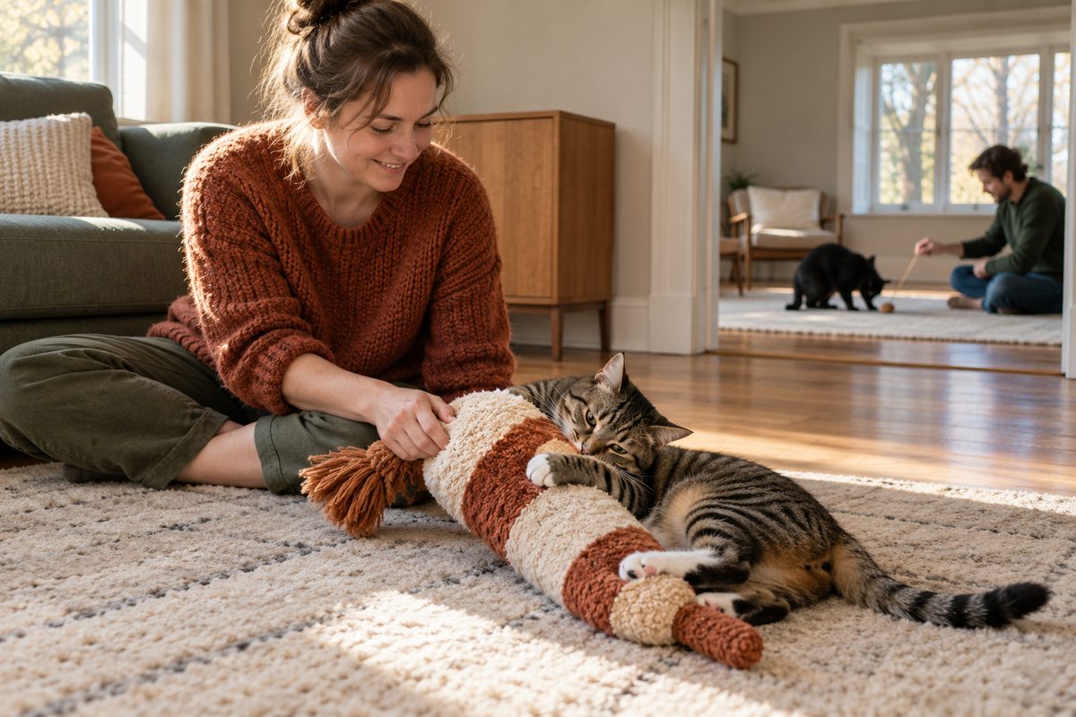 Zwei Katzen erhalten mit Abstand jeweils ein eigenes Spielangebot
