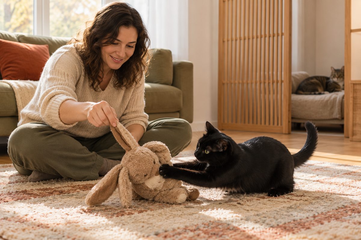Eine schwarze Katze spielt einzeln, während die andere Katze abseits ruht