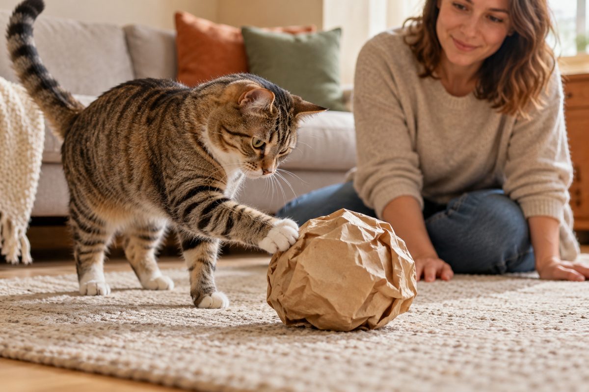 Katze berührt einen großen Papierball unter Aufsicht mit der Pfote