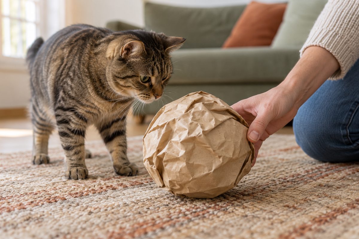 Eine erwachsene Hand legt einen großen schlichten Papierball vor einer Katze ab