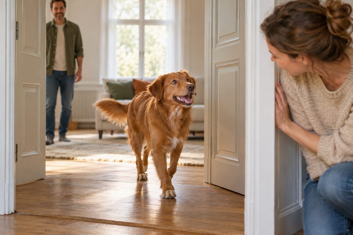 Hund findet eine teilweise sichtbare erwachsene Person an einer offenen Tür