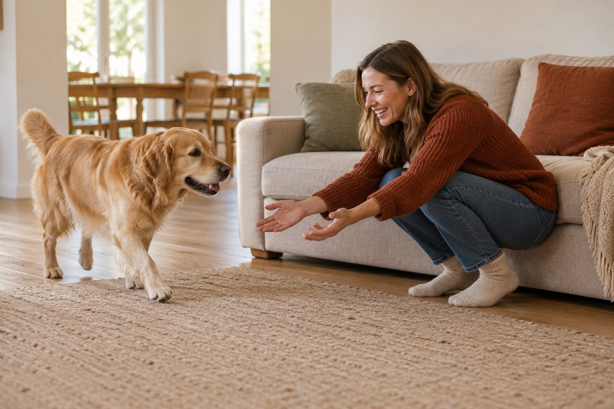 Ein Hund nähert sich einer neben dem Sofa wartenden Bezugsperson
